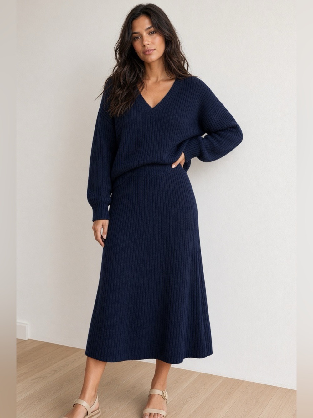 🩵🩵🩵Zara Navy Ribbed Knit Midi Skirt and V-Neck Top Set